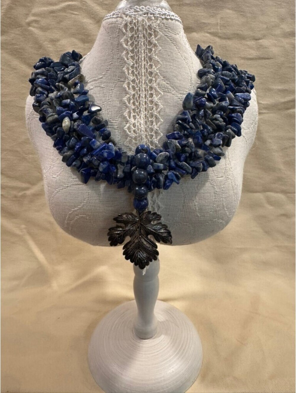 Blue Stone Chip Statement Necklace with Leaf Pendant